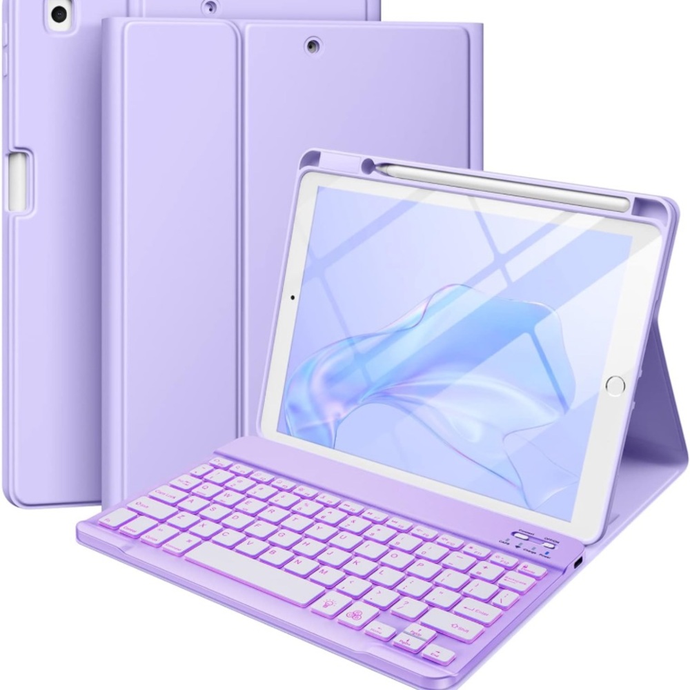 NWT iPad Case with Keyboard Backlit Wireless with Pencil Holder Purple